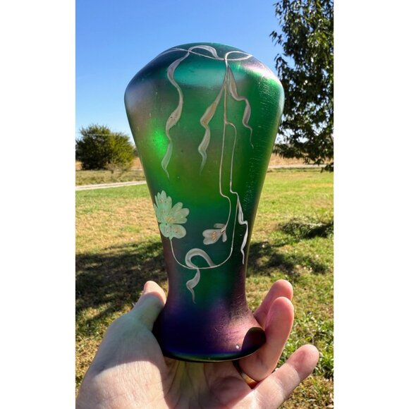 Antique 1910 Poschinger Nouveau Bohemian Green Purple Glass Vase - Picture 7 of 16